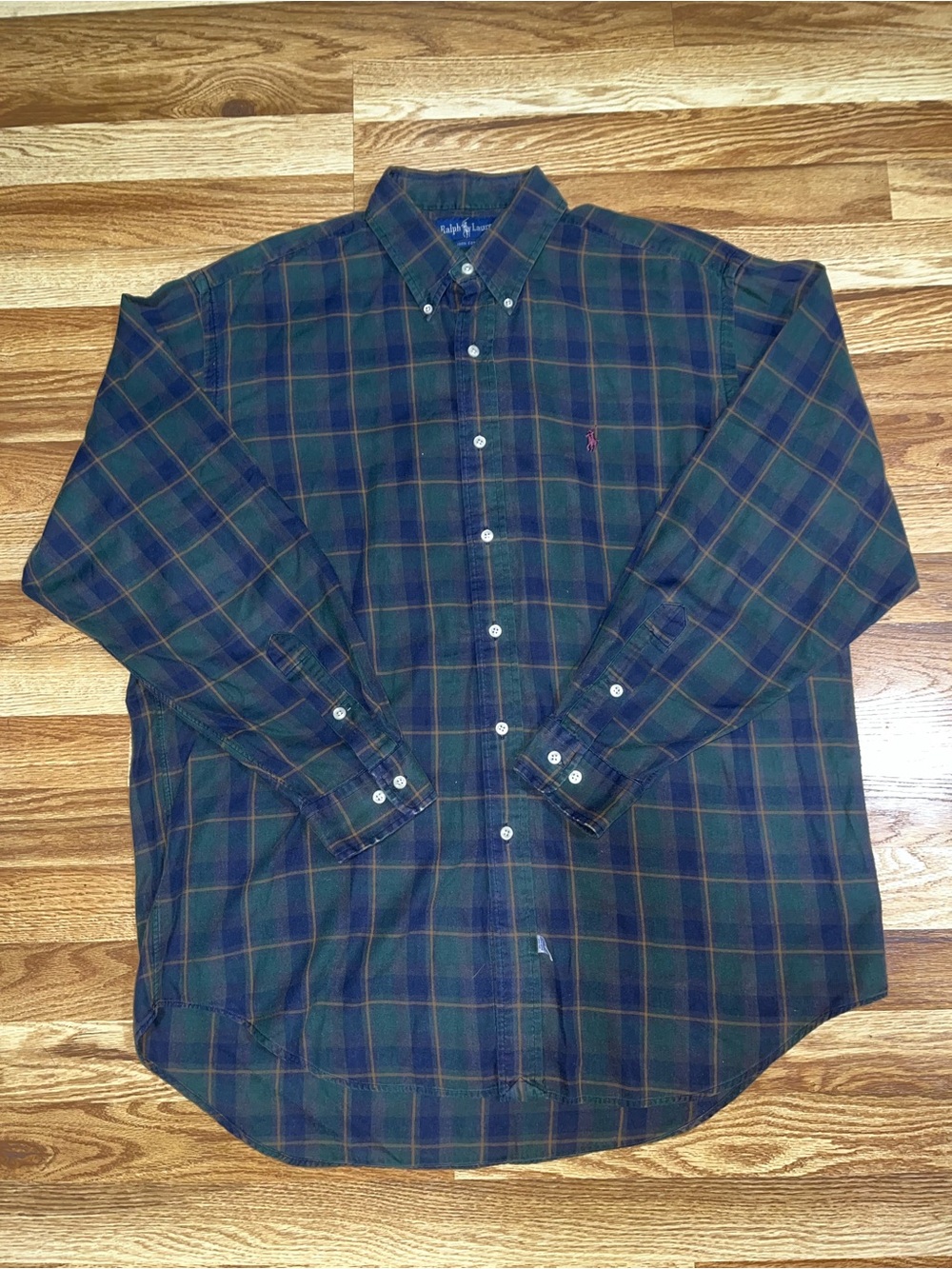 Vintage Polo Ralph Lauren Men’s Large Navy Green Plaid Button Down Shirt Cotton